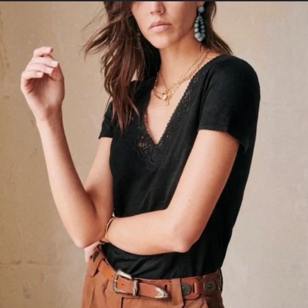 NWT Sezane ELEA Linen Tee-Shirt in Black XS